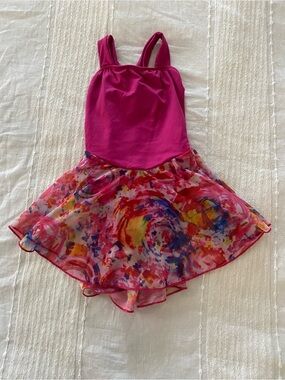 Motionwear Fuchsia Tank Skirted Dance Leotard with Watercolor Print